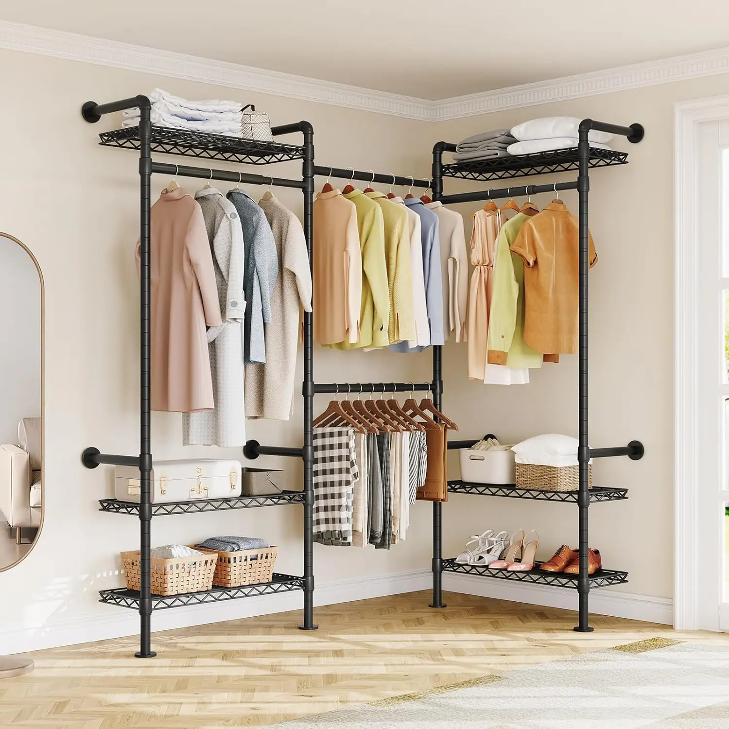 Wall Mounted Industrial Pipe Corner Closet Organizer with 4 Telescopic Rods & 6 Shelves Heavy Duty Clothing Rack, Customized
Wall Mounted Industrial Pipe Corner Closet Organizer with 4 Telescopic Rods & 6 Shelves Heavy Duty Clothing Rack, Customized