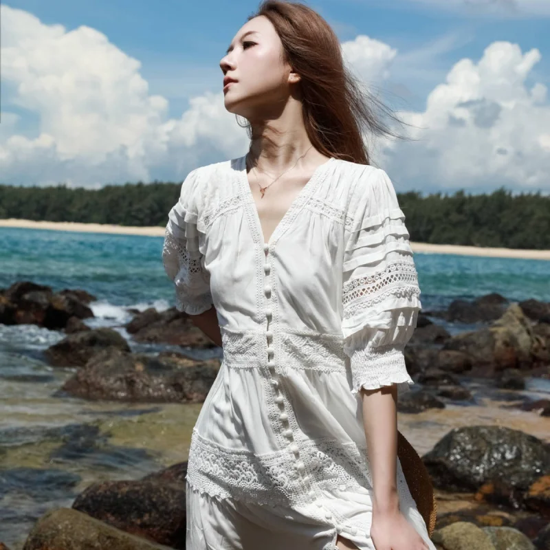 Seaside Dress White Long Sleeve Summer Retro Slimming Seaside Vacation Beach Photograpy Skirt F966
Seaside Dress White Long Sleeve Summer Retro Slimming Seaside Vacation Beach Photograpy Skirt F966