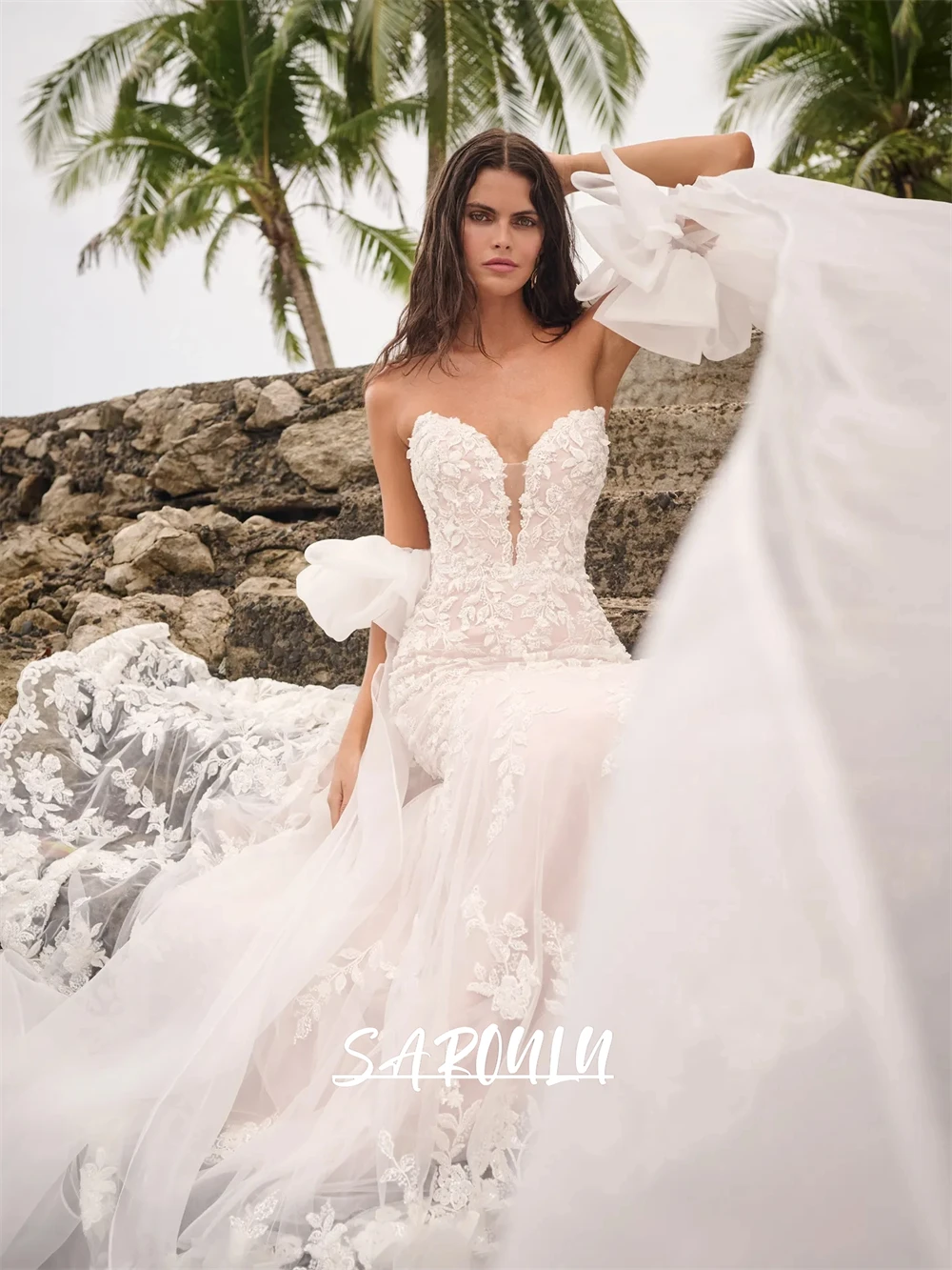 Graceful Mermaid Tulle Bride Dress with Tulle Puff Sleeves, Strapless Court Train Long Wedding Dresses for Bridal 2025,
Graceful Mermaid Tulle Bride Dress with Tulle Puff Sleeves, Strapless Court Train Long Wedding Dresses for Bridal 2025,