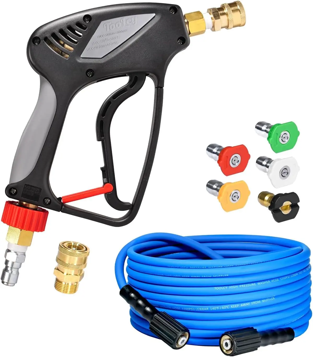 30ft Pressure Washer Hose & Gun Kit, 5 Nozzles, 3/8" Quick Connector, M22-14mm Plug, Kink Resistant, 5000 PSI
30ft Pressure Washer Hose & Gun Kit, 5 Nozzles, 3/8" Quick Connector, M22-14mm Plug, Kink Resistant, 5000 PSI