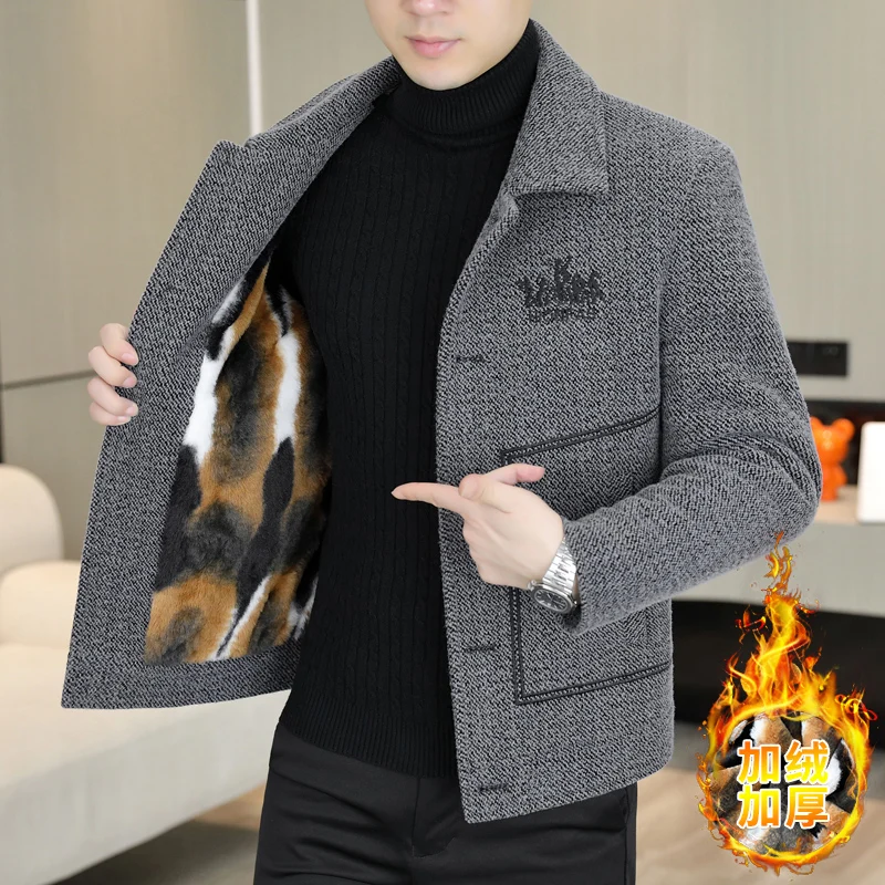 Осень-зима плюс бархатная толстая шерстяная куртка мужская модная теплая повседневная шерстяная смешанная куртка уличная одежда пальто мужская одежда
