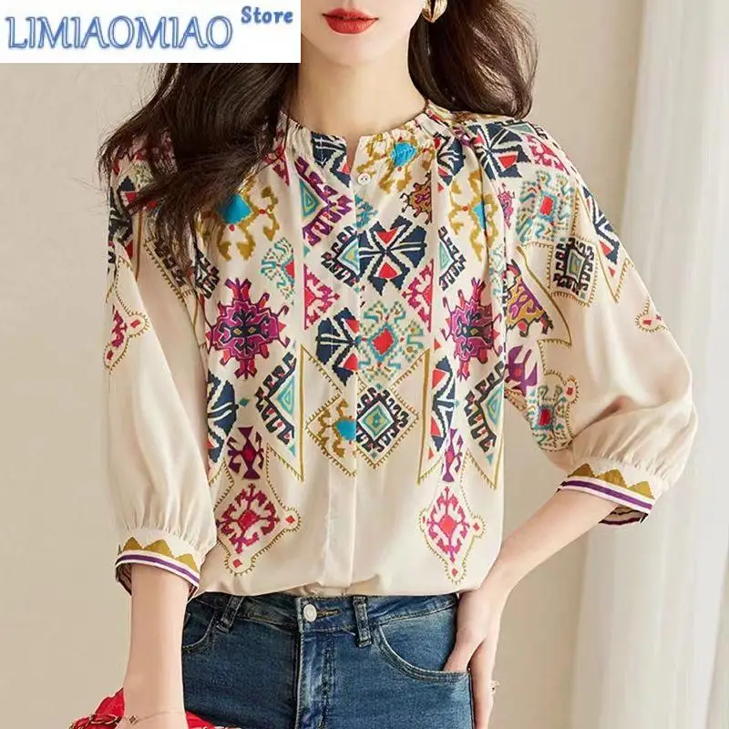 Elegant Summer Fashion Loose Single-breasted Printing Blouse Women 3/4 Sleeve Slim Office All-match O-collar Chiffon Lady Shirt
Elegant Summer Fashion Loose Single-breasted Printing Blouse Women 3/4 Sleeve Slim Office All-match O-collar Chiffon Lady Shirt