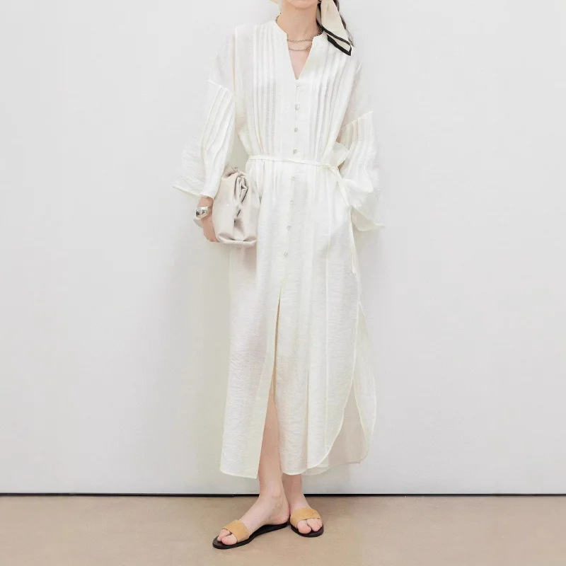 Spring Long Sleeves Dress Women Casual V-neck Loose Lyocell Lazy Style Fashion Summer Single Breasted Solid A-line Clothes 
Spring Long Sleeves Dress Women Casual V-neck Loose Lyocell Lazy Style Fashion Summer Single Breasted Solid A-line Clothes