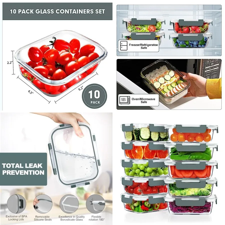 10 Pack 22 OZ Glass Meal Prep Containers, Airtight Glass Lunch Containers Set, Glass Food Storage Containers with Lids, Exclusi
10 Pack 22 OZ Glass Meal Prep Containers, Airtight Glass Lunch Containers Set, Glass Food Storage Containers with Lids, Exclusi