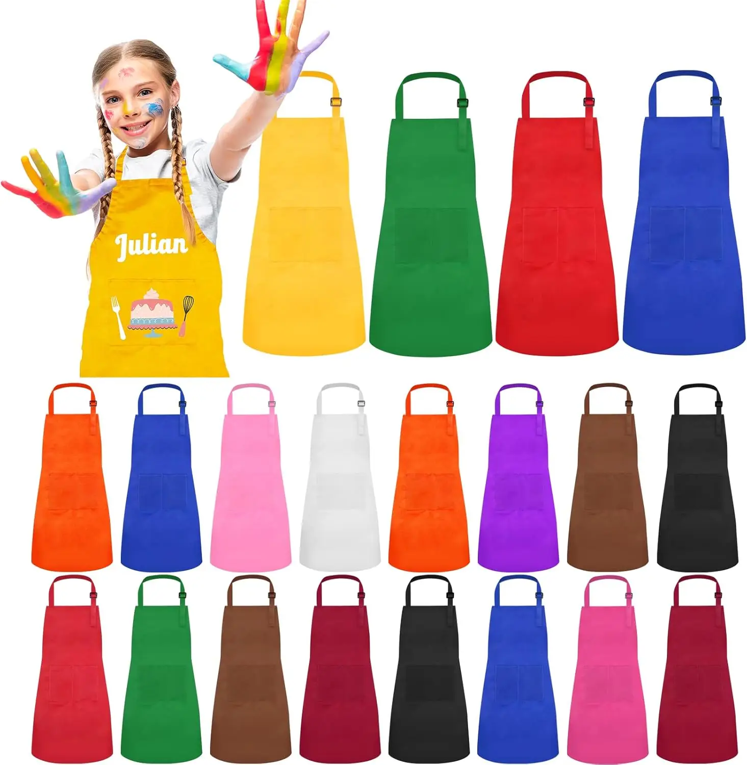 24-Piece Kids Apron Set, 12 Colors, XL for Ages 7-13, Chef & Painting Aprons for Kitchen Cooking Baking
24-Piece Kids Apron Set, 12 Colors, XL for Ages 7-13, Chef & Painting Aprons for Kitchen Cooking Baking