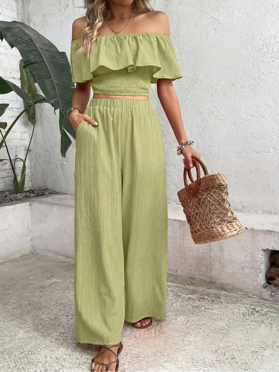 Off Shoulder Ruffle Crop Top And Wide Leg Pants Set
Off Shoulder Ruffle Crop Top And Wide Leg Pants Set