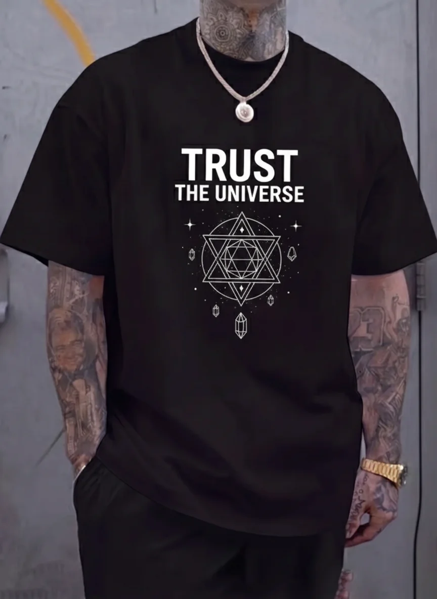Black Graphic Tee Trust the Universe Spiritual Geometric Star Print with Crystals and Stars Printed Tee Casual Wear Unisex Top
Black Graphic Tee Trust the Universe Spiritual Geometric Star Print with Crystals and Stars Printed Tee Casual Wear Unisex Top