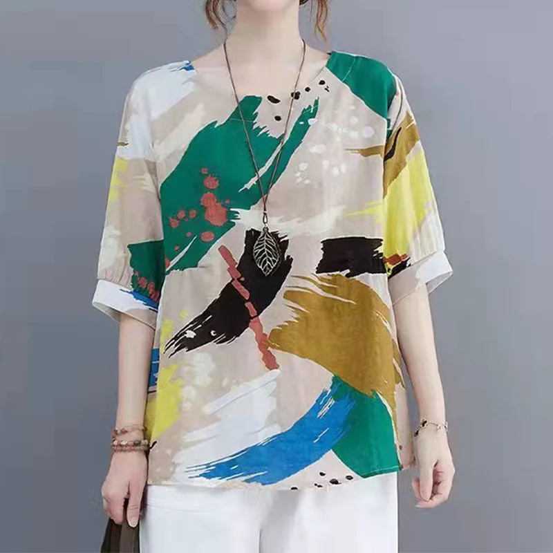 Cotton and Hemp Summer New Style Short Sleeve T-shirt Relaxed Retro Ethnic Style Multi-element Fashionable Thin Top for Women
Cotton and Hemp Summer New Style Short Sleeve T-shirt Relaxed Retro Ethnic Style Multi-element Fashionable Thin Top for Women
