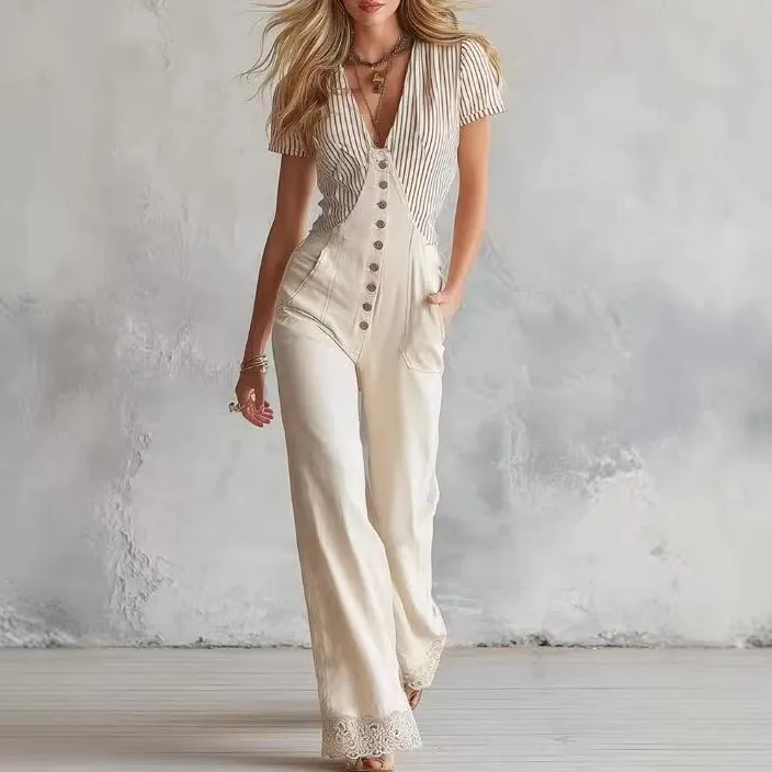 V Neck Button Front Printed Jumpsuit with Wide Leg Pants, Short Sleeve High Waist Romper with Front Pocket and Lace Trim Hem
V Neck Button Front Printed Jumpsuit with Wide Leg Pants, Short Sleeve High Waist Romper with Front Pocket and Lace Trim Hem