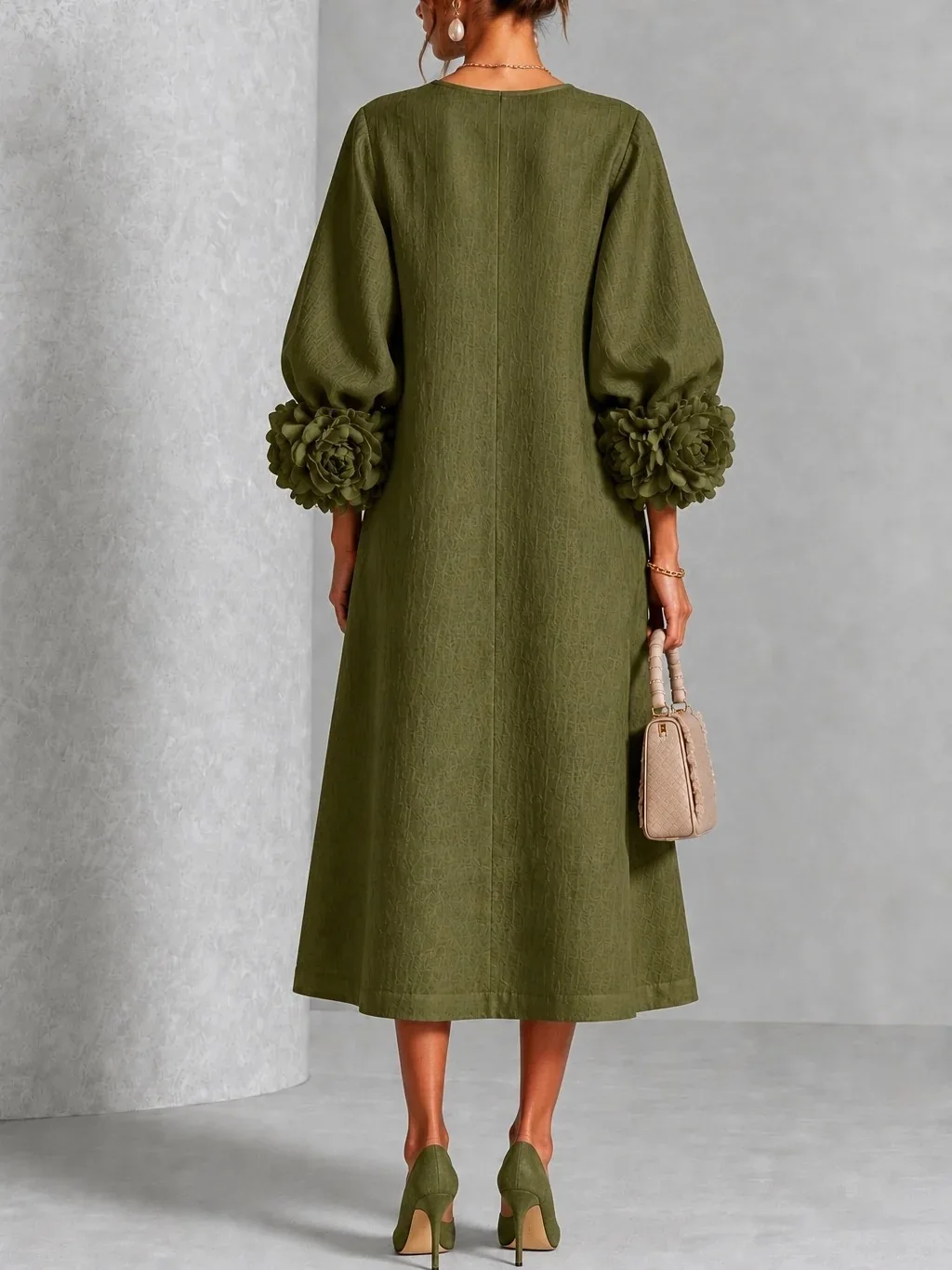 Elegant Women Linen Midi Dress O Neck 3D Floral Lantern Sleeve Button Loose Straight Long Dress Modest Casual Party Dresses 76 Scf8ff05eac8840ae9ce0a995bef151627