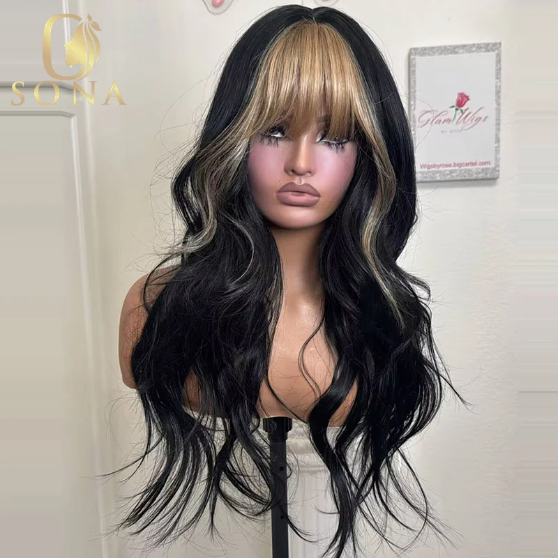  1B Honey Blonde Full Bangs Body Wave Human Hair Wig Pink 13x4 Transparent Lace Front Wig Pre Plucked Long Wavy Wigs For Women
1B Honey Blonde Full Bangs Body Wave Human Hair Wig Pink 13x4 Transparent Lace Front Wig Pre Plucked Long Wavy Wigs For Women