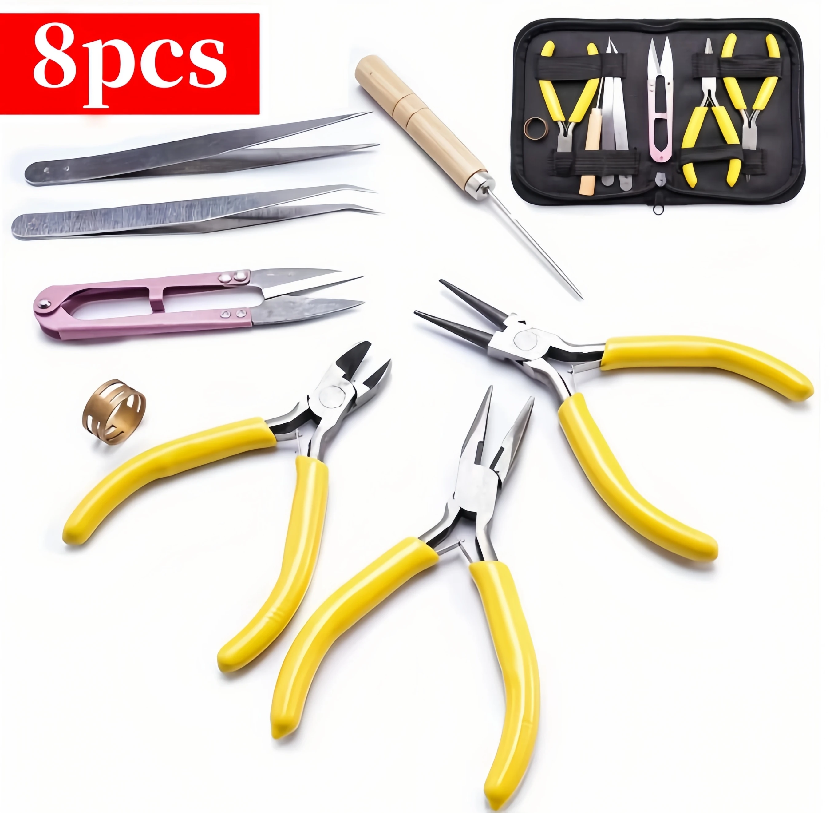 8pcsYellow toolblack bag set, DIY bead production, repair, chain decoration link, essential supplies for beginners and veterans.
8pcsYellow toolblack bag set, DIY bead production, repair, chain decoration link, essential supplies for beginners and veterans.