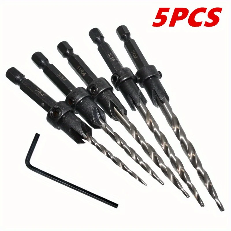5Pcs HSS Countersink Set Conical Woodworking Bit 7/64" 9/64" 11/64" with 1 Hex Wrench
5Pcs HSS Countersink Set Conical Woodworking Bit 7/64" 9/64" 11/64" with 1 Hex Wrench