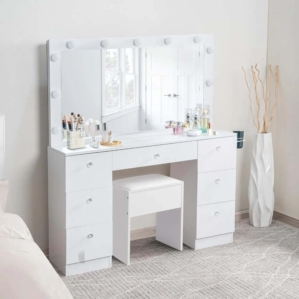 Makeup vanity with 11 lights, vanity desk with power outlet, 7 drawers, large mirror, dressing vanity table for bedroom
Makeup vanity with 11 lights, vanity desk with power outlet, 7 drawers, large mirror, dressing vanity table for bedroom