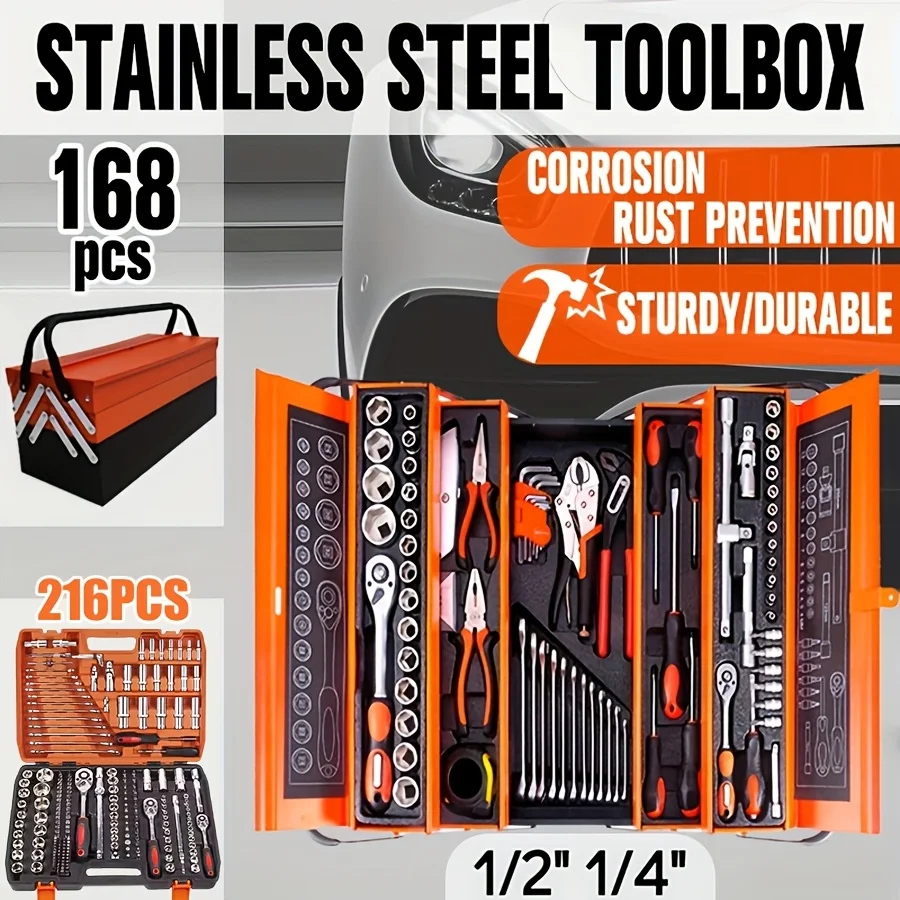 216/168pcs Tool Set - A Home Improvement Tool Kit, Typically Includes Various Wrenches, Sockets, Extension Rods, And Other Components to Meet The Repair Needs Of Different Car Models, And Comes with A High-quality Toolbox.
216/168pcs Tool Set - A Home Improvement Tool Kit, Typically Includes Various Wrenches, Sockets, Extension Rods, And Other Components to Meet The Repair Needs Of Different Car Models, And Comes with A High-quality Toolbox.