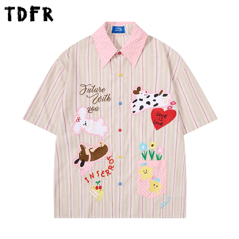 Cartoon Embroidery Striped Short Sleeve Shirts Mens Patch Pocket Summer Retro Casual Spliced Lapel Single Breasted Shirts Man
Cartoon Embroidery Striped Short Sleeve Shirts Mens Patch Pocket Summer Retro Casual Spliced Lapel Single Breasted Shirts Man