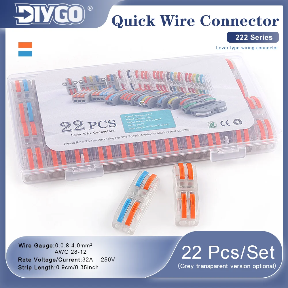 Boxed 22Pcs Quick Mini Wire Cable Connectors 222 Series 32A 250V 28-12AWG Electrical Splice Terminal Block Set for Home Wiring
Boxed 22Pcs Quick Mini Wire Cable Connectors 222 Series 32A 250V 28-12AWG Electrical Splice Terminal Block Set for Home Wiring