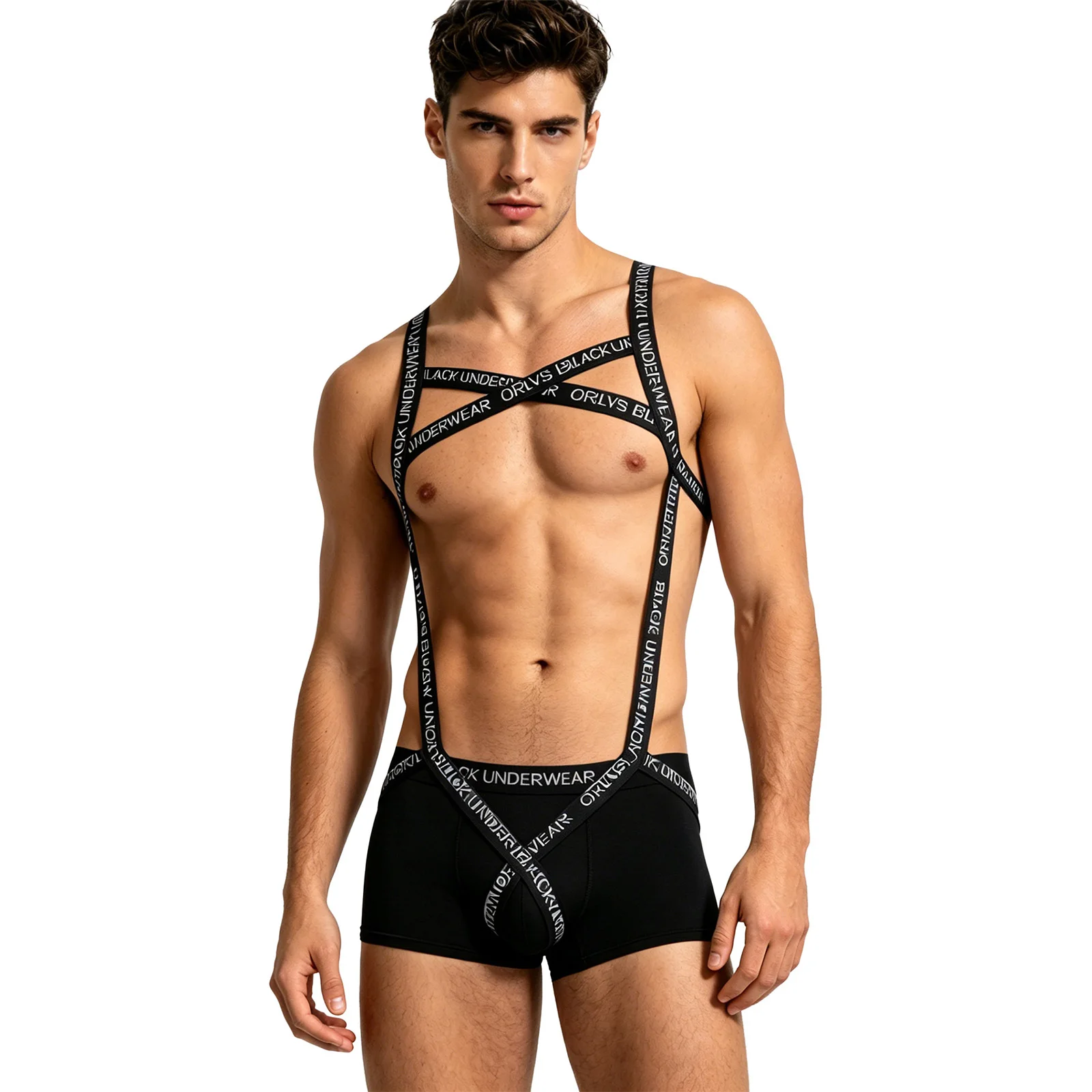 Men Sexy Crotchless Hollow Out Lingerie Bodysuit Letter Print Elastic Body Bandage Harness Jockstraps for Pride Party Nightclub
Men Sexy Crotchless Hollow Out Lingerie Bodysuit Letter Print Elastic Body Bandage Harness Jockstraps for Pride Party Nightclub