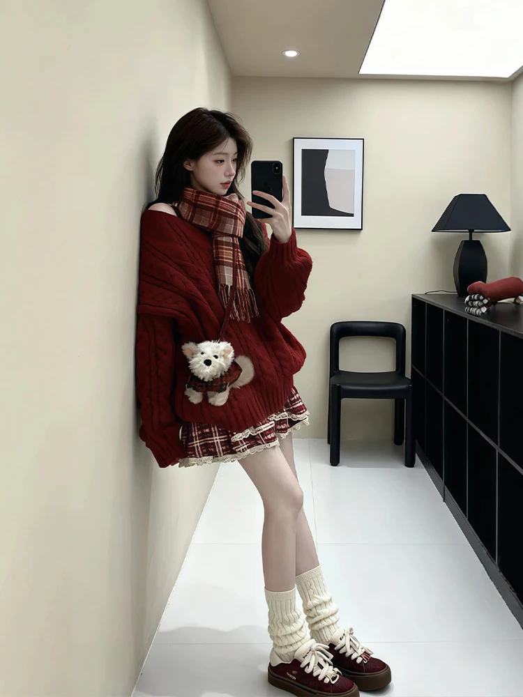 Red Cisas New Year Women's Faion Set Korean Sle Sweater High Waist Plaid Skirt Warm Polyester Long Sve V-Ne
Red Cisas New Year Women's Faion Set Korean Sle Sweater High Waist Plaid Skirt Warm Polyester Long Sve V-Ne