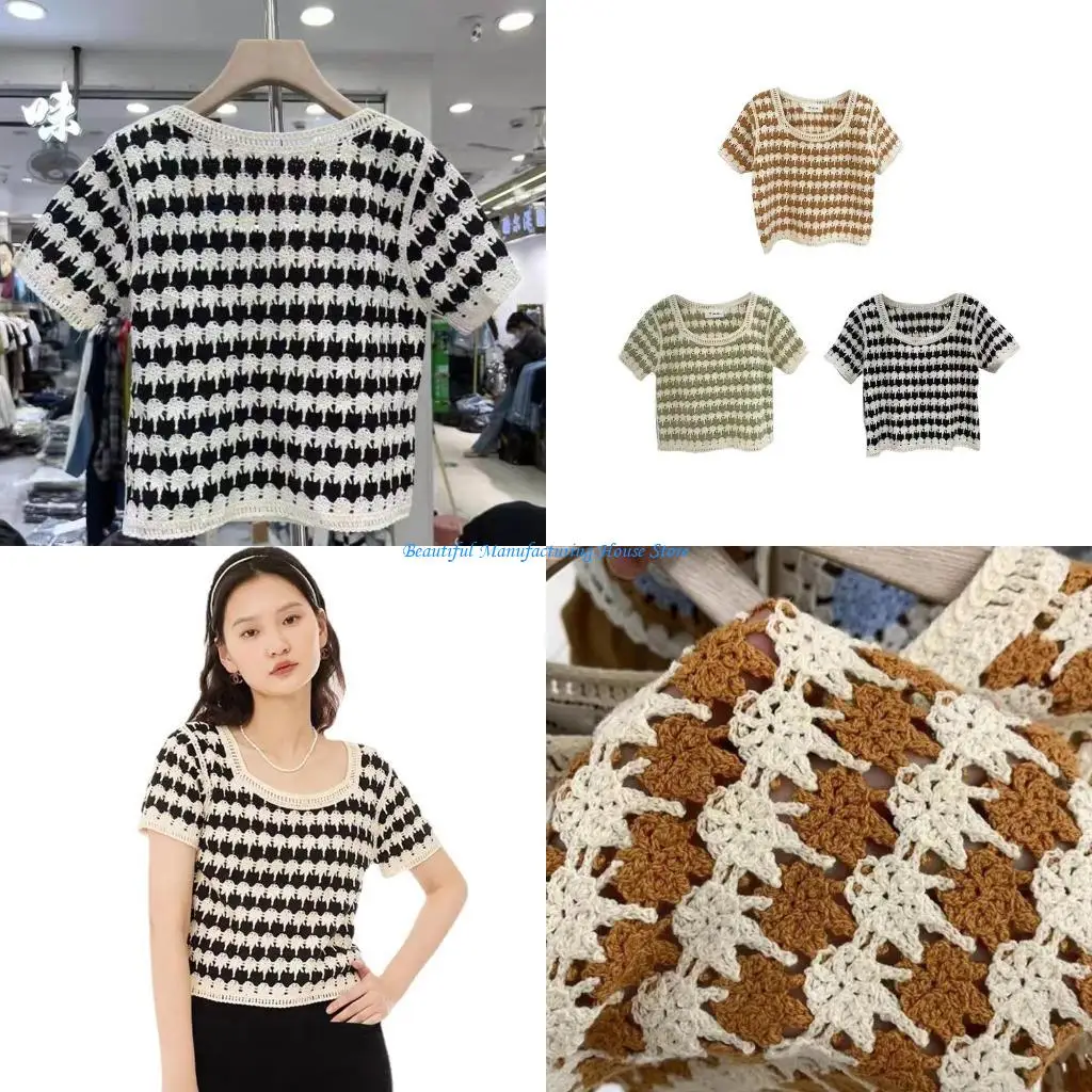 E56A Women Summer Crochet Loose Blouse Short Sleeve Knitted Striped Sweater Crop Top
E56A Women Summer Crochet Loose Blouse Short Sleeve Knitted Striped Sweater Crop Top