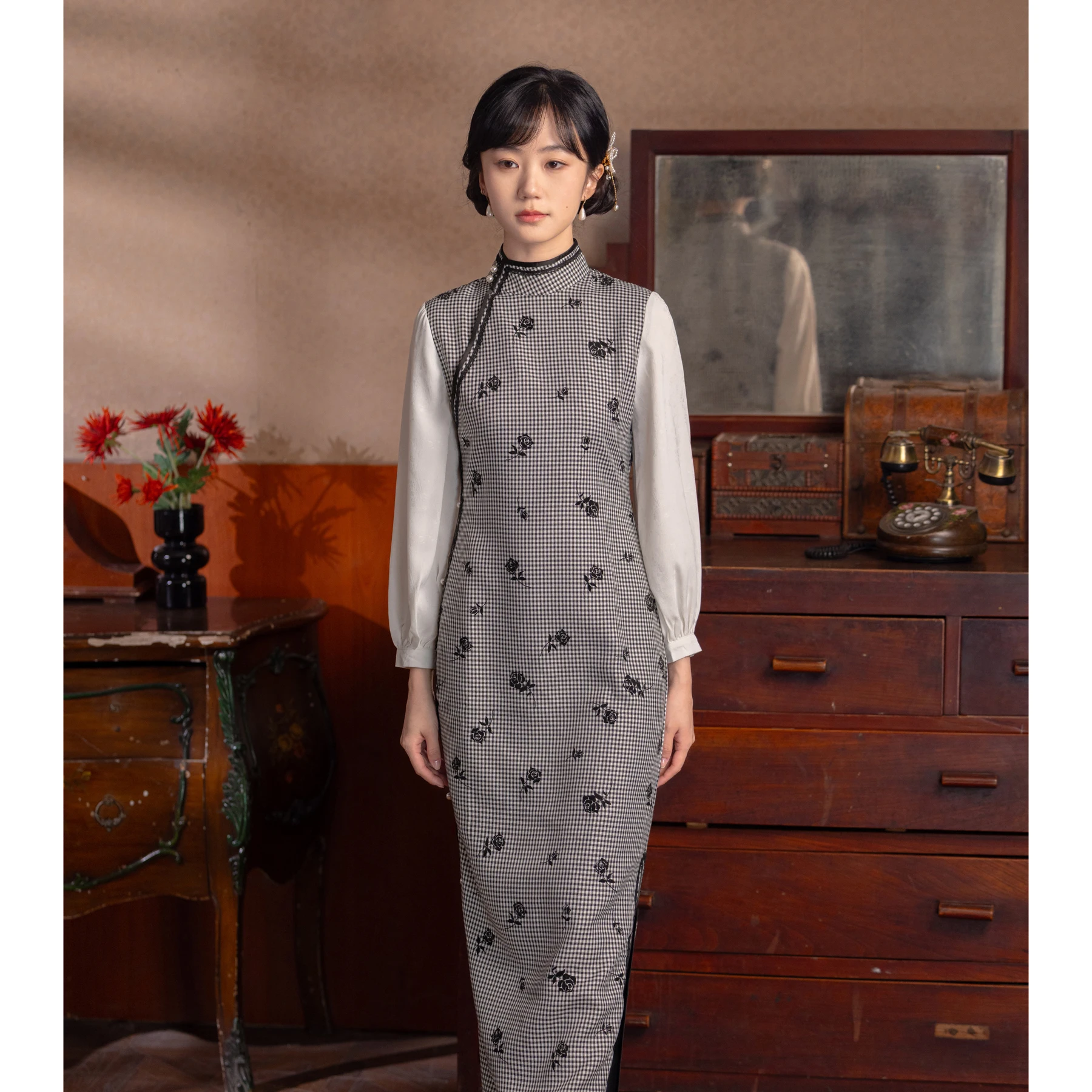 Ele Long Dr with Rose Pattern Slim Fit Spring Autumn Seasonal Bla White ids Collar for Young Women
Ele Long Dr with Rose Pattern Slim Fit Spring Autumn Seasonal Bla White ids Collar for Young Women