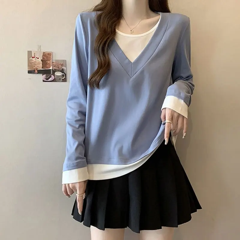 Fake Two Pieces Casual Pullovers Spring Autumn Fashion Patchwork Female Clothing Contrasting Colors Basic Long Sleeve T-shirt
Fake Two Pieces Casual Pullovers Spring Autumn Fashion Patchwork Female Clothing Contrasting Colors Basic Long Sleeve T-shirt