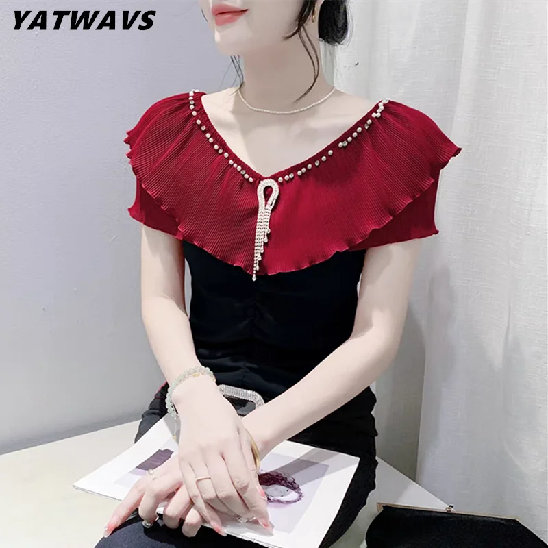 Summer New Fashion Chic Ruffle Beading T-Shirt Girls Sexy Off Shoulder Short Sleeve Cotton Tops Shirts Women's Slim Tassels Tees
Summer New Fashion Chic Ruffle Beading T-Shirt Girls Sexy Off Shoulder Short Sleeve Cotton Tops Shirts Women's Slim Tassels Tees