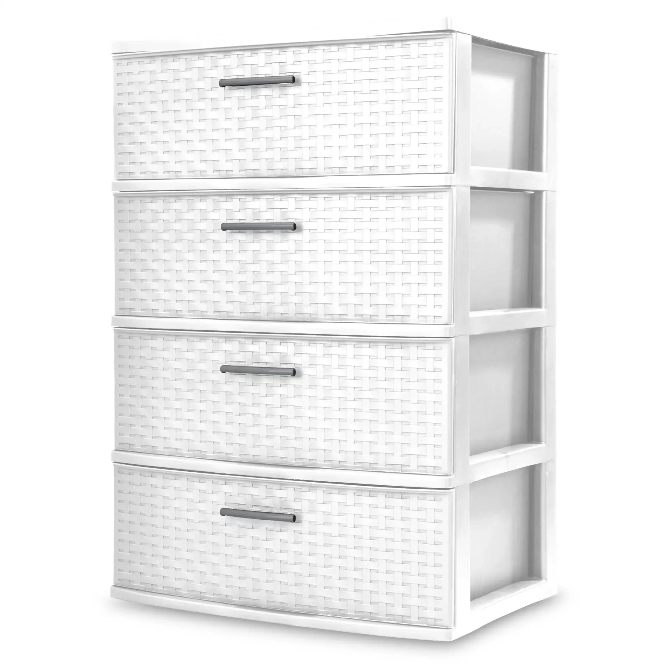 4-Drawer Wide-Woven Storage Tower with Pull Handles, White Plastic Decorative Unit
4-Drawer Wide-Woven Storage Tower with Pull Handles, White Plastic Decorative Unit