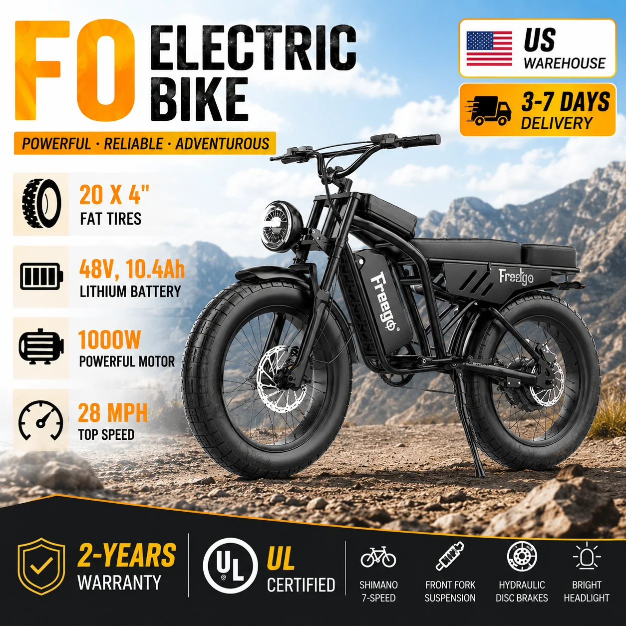 FREEGO F0 Electric Bike 20" x 4.0" Fat Tires E-Mountain bike 1000W 48V10.4AH lithium Battery E-Bike commute Electric Bicycle
FREEGO F0 Electric Bike 20" x 4.0" Fat Tires E-Mountain bike 1000W 48V10.4AH lithium Battery E-Bike commute Electric Bicycle