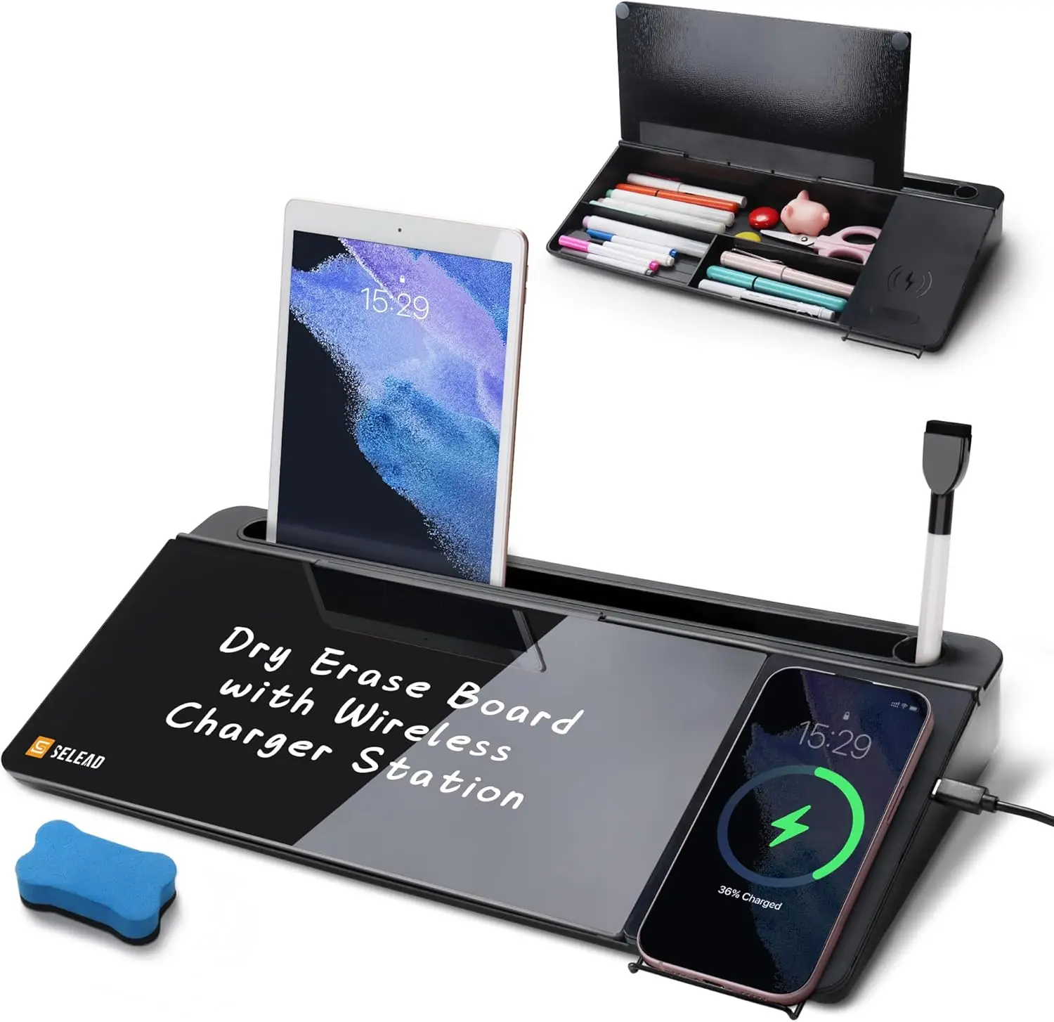 Desktop Glass Whiteboard with Wireless Charger, Erase Board Computer Pad Keyboard Stand for Office Desk Accessories, Black
Desktop Glass Whiteboard with Wireless Charger, Erase Board Computer Pad Keyboard Stand for Office Desk Accessories, Black