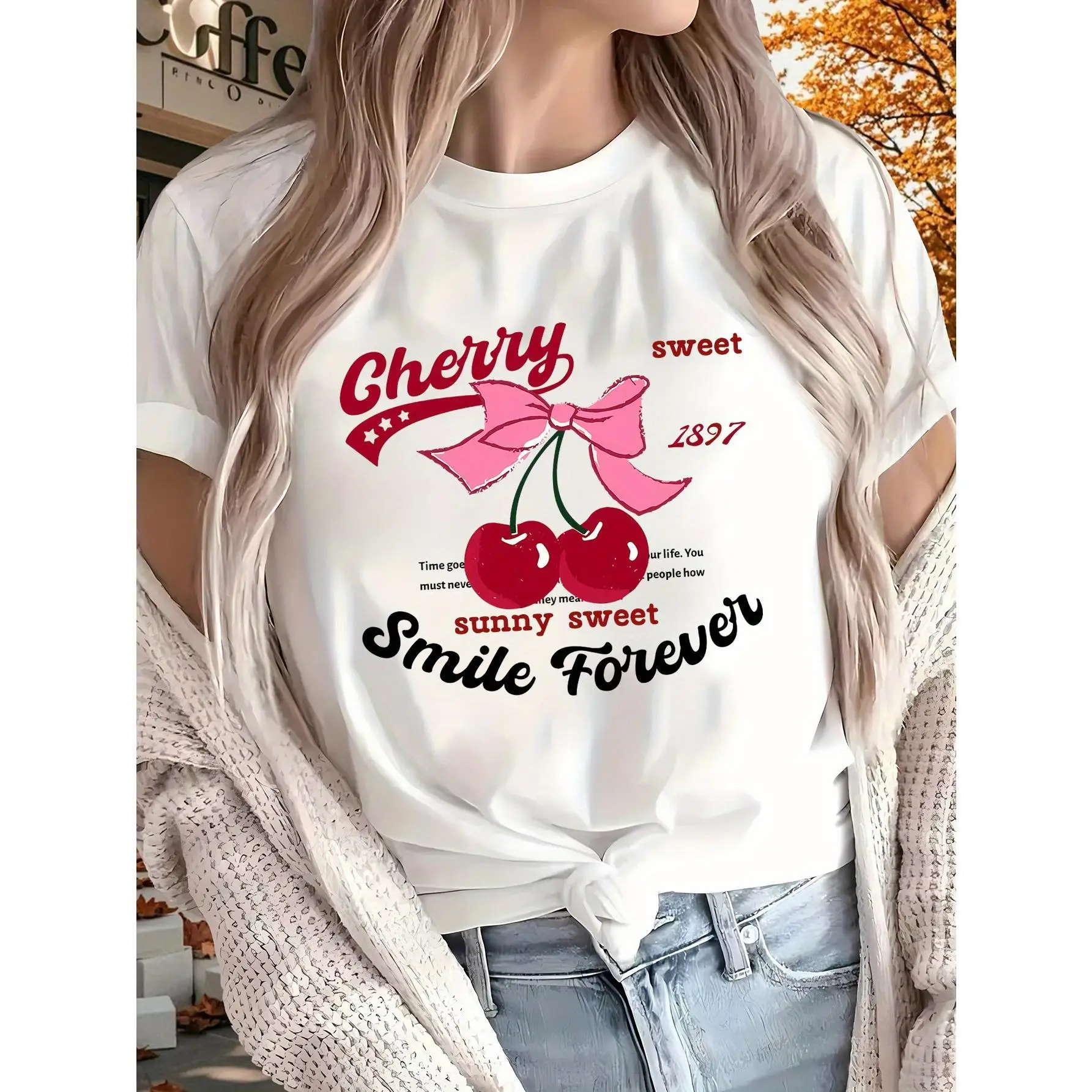 Red Cherry Women's T-Shirt - Cute Cherry & Bow Print 100% Cotton Short Sleeve Round Neck Top, All-Season Casual Wear for Outdoor
Red Cherry Women's T-Shirt - Cute Cherry & Bow Print 100% Cotton Short Sleeve Round Neck Top, All-Season Casual Wear for Outdoor