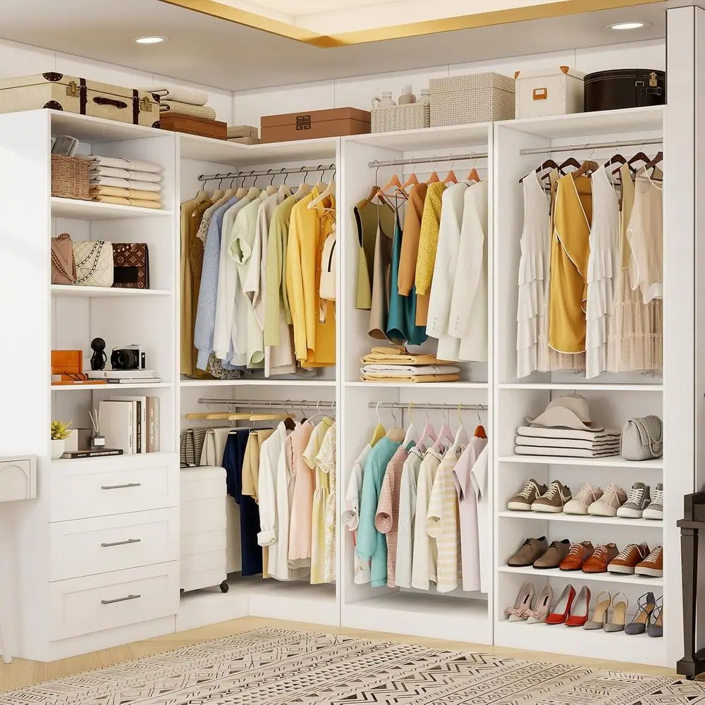 4-Piece Walk-In Closet Organizer with 3 Drawers, 9 Rods, and 8 Shelves, 157 White Storage System
4-Piece Walk-In Closet Organizer with 3 Drawers, 9 Rods, and 8 Shelves, 157 White Storage System
