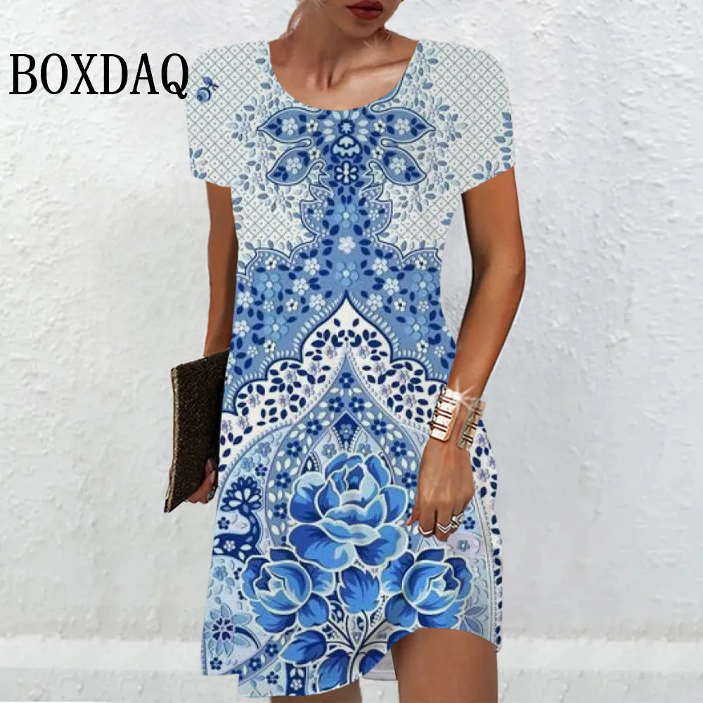Ethnic Style Vintage Women's Dresses Blue Flower 3D Print Dress Summer O-Neck Casual Pullover Short Sleeve New Ladies Dress 2024
Ethnic Style Vintage Women's Dresses Blue Flower 3D Print Dress Summer O-Neck Casual Pullover Short Sleeve New Ladies Dress 2024