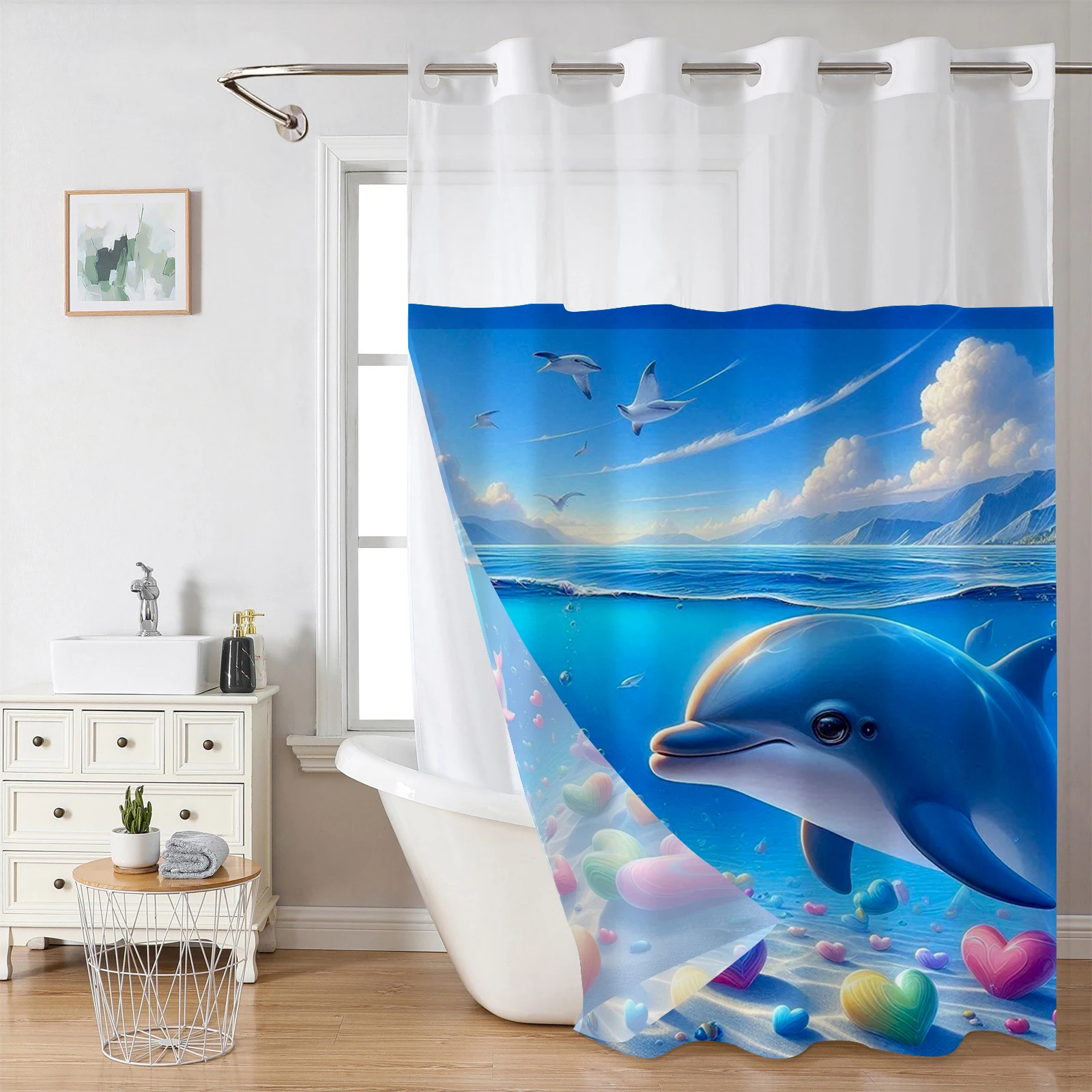 No Hook sea Dolphin pattern Shower Curtain With Snap-in Fabric Liner, Sheer Top Window, Waterproof Double Layer Bathtub curtain
No Hook sea Dolphin pattern Shower Curtain With Snap-in Fabric Liner, Sheer Top Window, Waterproof Double Layer Bathtub curtain
