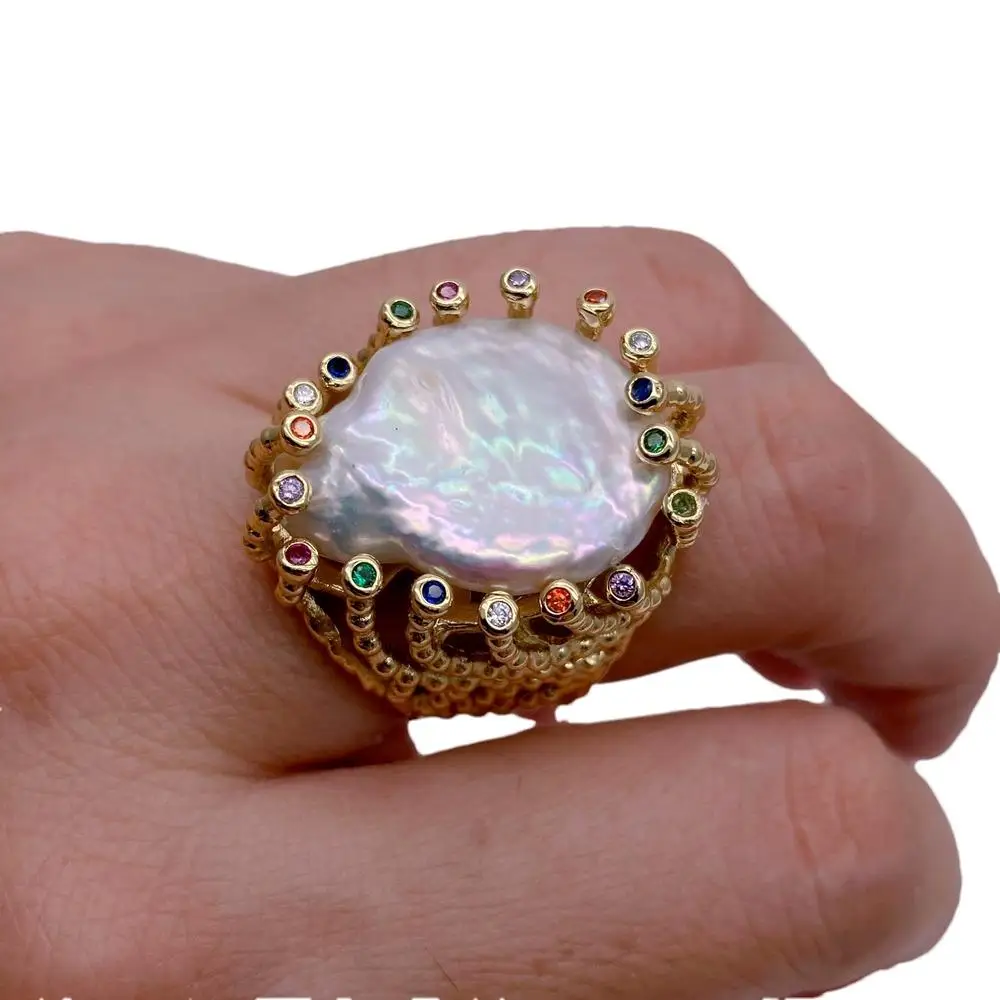 KKGEM Gold plated 26mm White Coin Pearl Multi Color Cz Pave Finger Rings Adjustable Ring Anniversary Jewelry
KKGEM Gold plated 26mm White Coin Pearl Multi Color Cz Pave Finger Rings Adjustable Ring Anniversary Jewelry