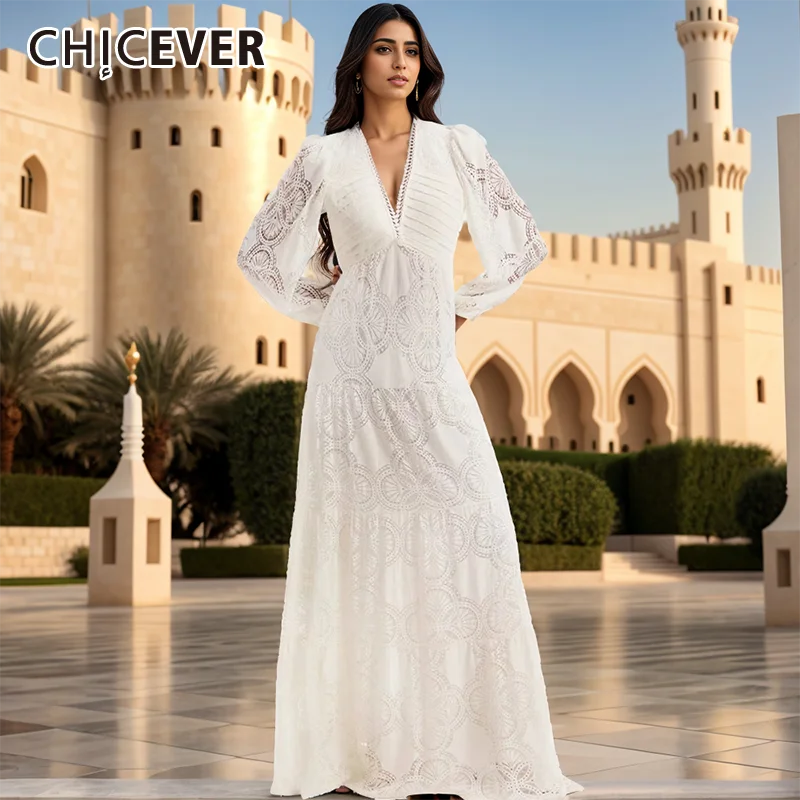 CHICEVER Solid Spliced Appliques Hollow Out Dresses For Women V Neck Long Sleeve High Waist Elegant Slimming Dress Female New
CHICEVER Solid Spliced Appliques Hollow Out Dresses For Women V Neck Long Sleeve High Waist Elegant Slimming Dress Female New