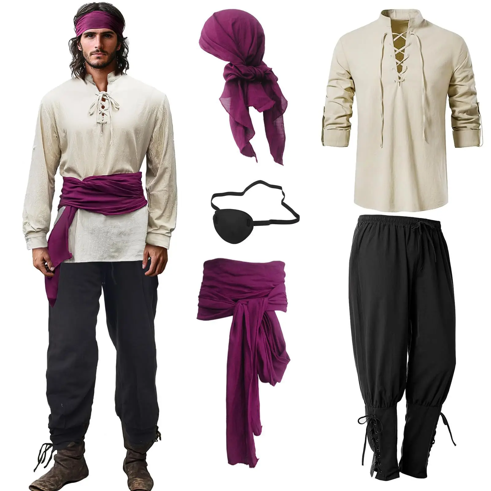 5 Pieces Men's Renaissance Costume Set Medieval Pirate Shirt Ankle Ribbon Pants Halloween Role-playing Party Outfit
5 Pieces Men's Renaissance Costume Set Medieval Pirate Shirt Ankle Ribbon Pants Halloween Role-playing Party Outfit