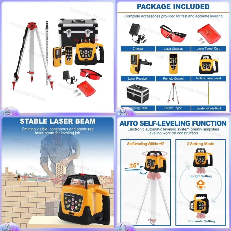 Self-Leveling Rotary Laser Level Kit with Aluminum Tripod and Level Bar 16.4 ft Red Laser Automatic Horizontal Vertical Cross
Self-Leveling Rotary Laser Level Kit with Aluminum Tripod and Level Bar 16.4 ft Red Laser Automatic Horizontal Vertical Cross