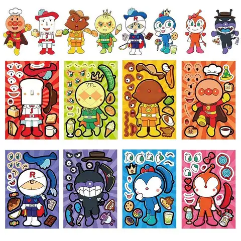 Anpanman kolaj çıkartmaları, sevimli çizgi film karakteri aksesuarları, yaratıcı ve eğlenceli yüz değiştiren kostümler, eğlenceli oyuncaklar