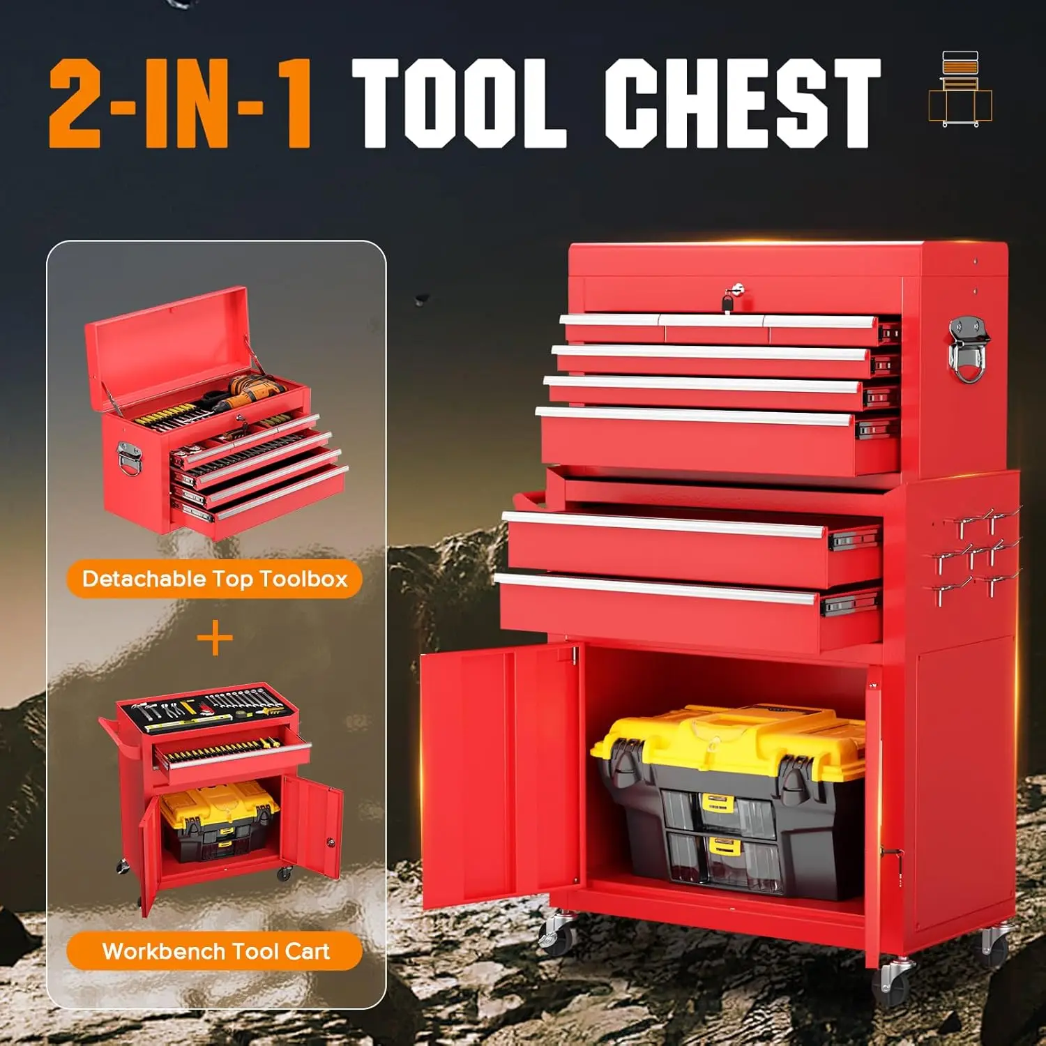 8-drawer rolling toolbox with wheels, lockable, 2-in-1 detachable toolbox with drawers
8-drawer rolling toolbox with wheels, lockable, 2-in-1 detachable toolbox with drawers