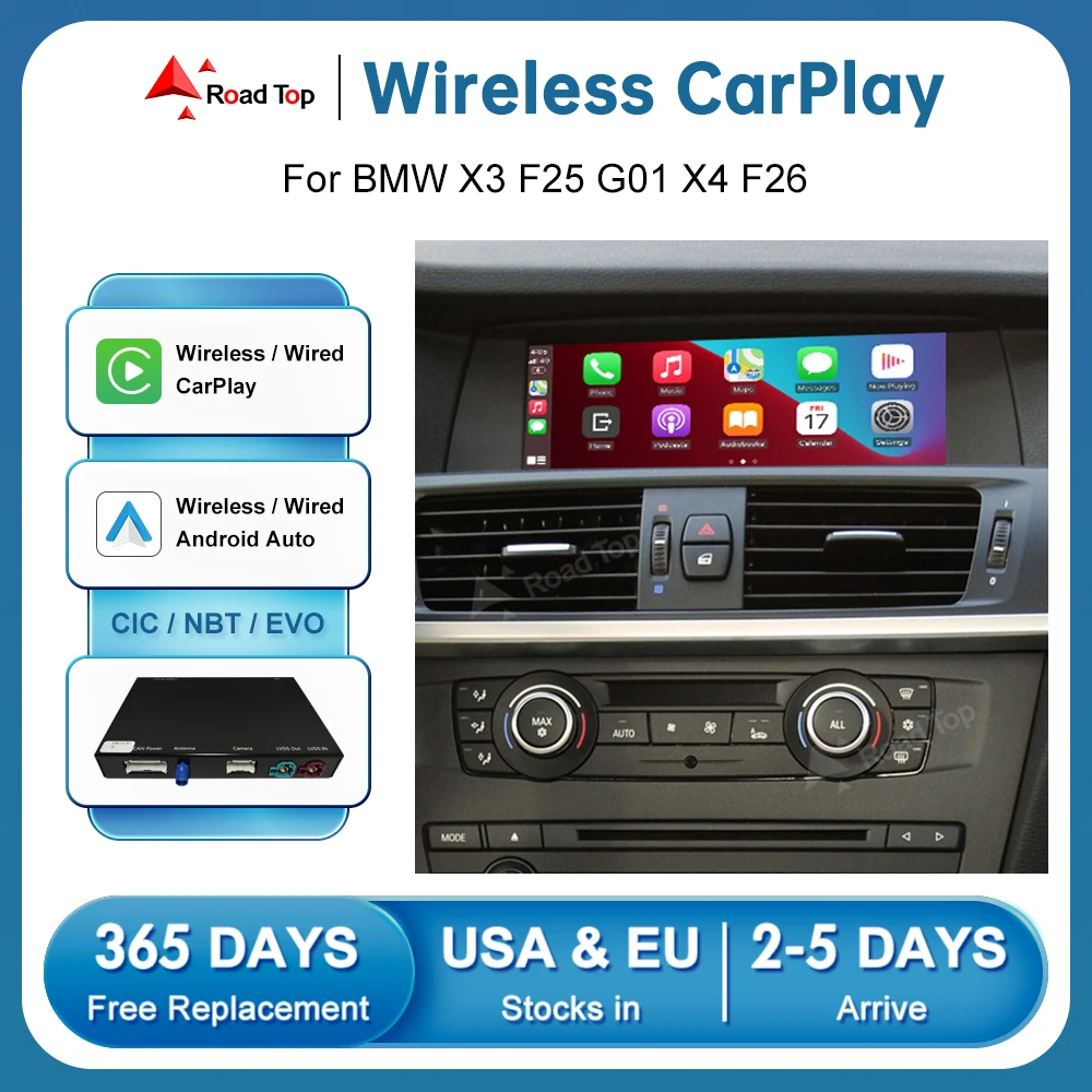 Wireless CarPlay Android Auto for BMW CIC NBT EVO System X3 F25 G01 X4 F26 2011-2020 with Mirror Link AirPlay Car Play Functions
Wireless CarPlay Android Auto for BMW CIC NBT EVO System X3 F25 G01 X4 F26 2011-2020 with Mirror Link AirPlay Car Play Functions