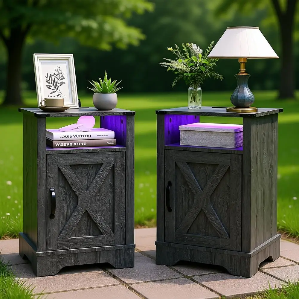 Grey LED-lit Nightstand with Charging Station, Storage, and Door for Bedroom or Home Office
Grey LED-lit Nightstand with Charging Station, Storage, and Door for Bedroom or Home Office