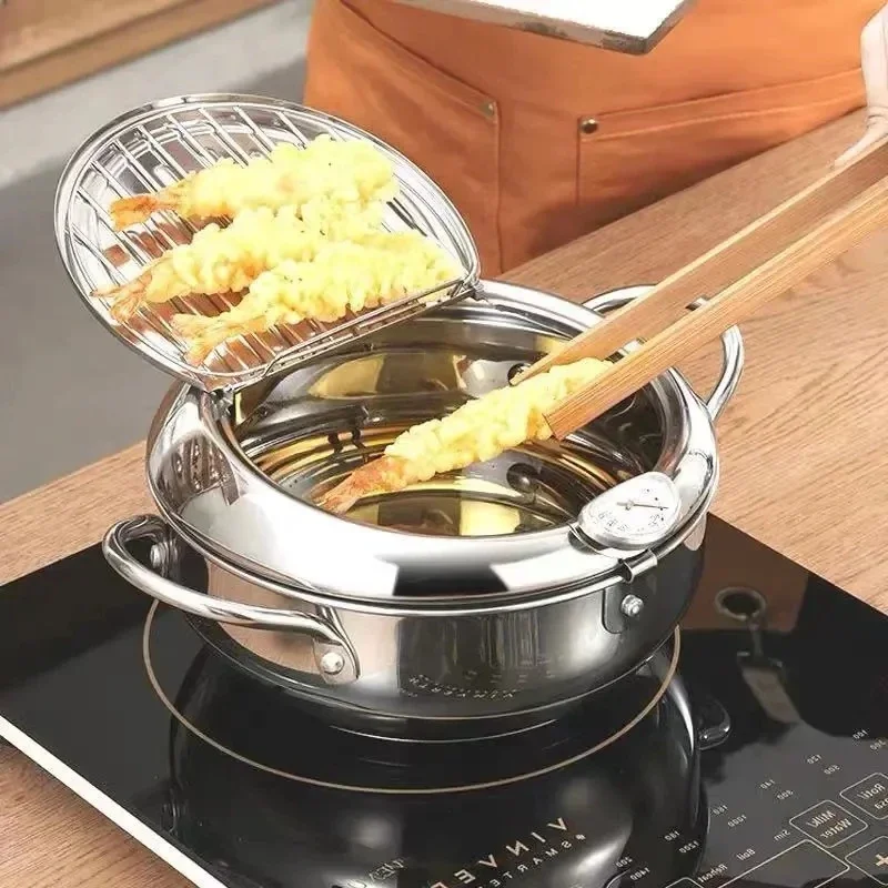 Japanese Deep Frying Pot with a Thermometer and a Lid 304 Stainless Steel Kitchen Tempura Fryer Pan 20 24 cm
Japanese Deep Frying Pot with a Thermometer and a Lid 304 Stainless Steel Kitchen Tempura Fryer Pan 20 24 cm