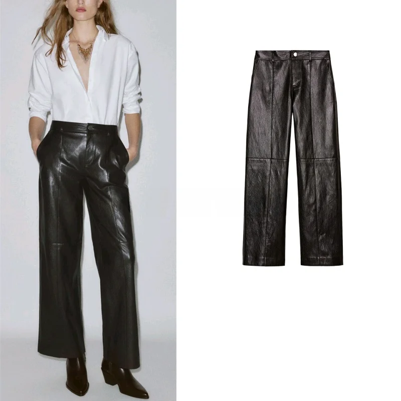 Брюки прямого кроя из искусственной кожи с высокой талией, осенне-зимняя новинка, повседневные, с молнией, женские модные длинные брюки
Брюки прямого кроя из искусственной кожи с высокой талией, осенне-зимняя новинка, повседневные, с молнией, женские модные длинные брюки