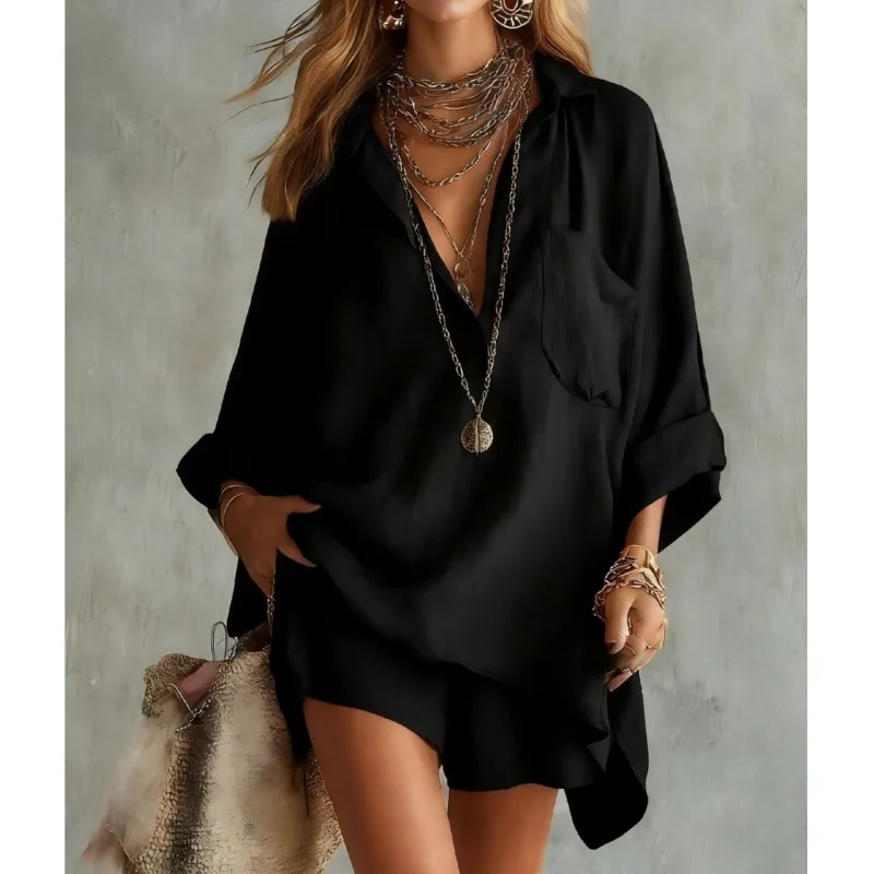 Summer new women's fashion solid color pocket beach shorts tops shirt two-piece commuter vacation casual suit
Summer new women's fashion solid color pocket beach shorts tops shirt two-piece commuter vacation casual suit