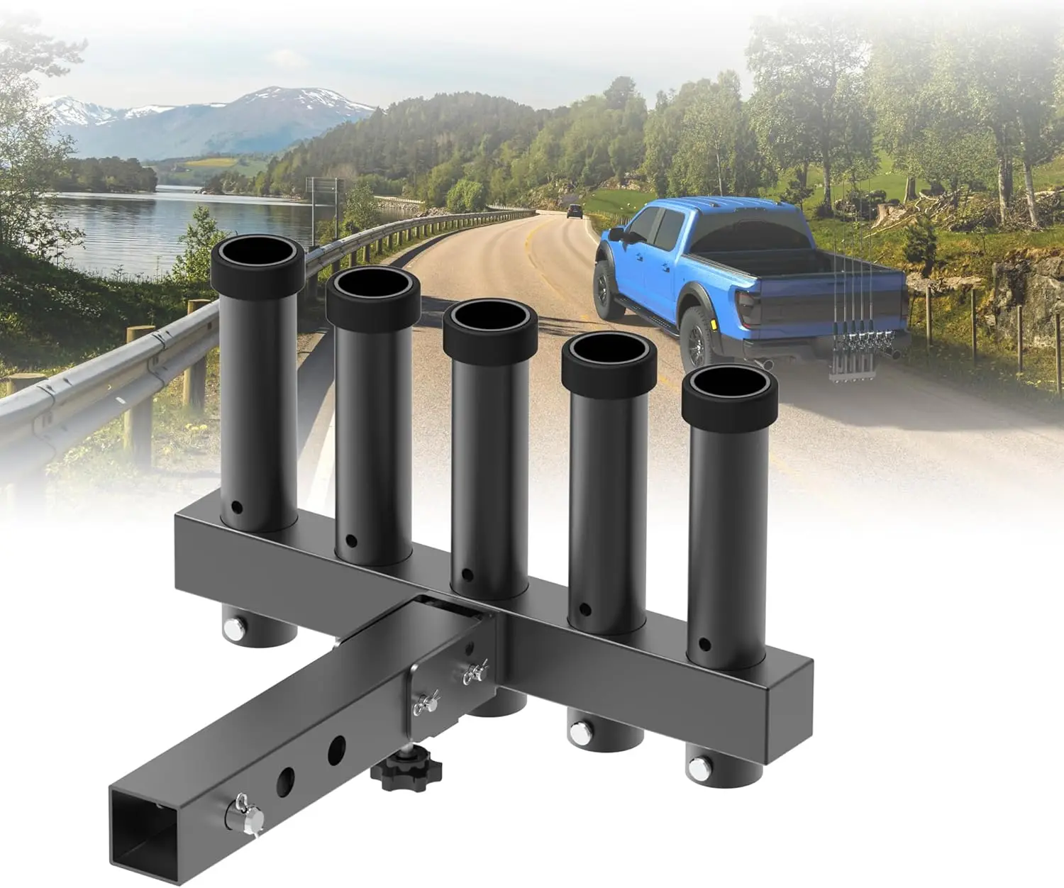 Hitch Mount Fishing Rod Holder with 5 Adjustable Tubes for 2" Hitch Receivers, Quick Release
Hitch Mount Fishing Rod Holder with 5 Adjustable Tubes for 2" Hitch Receivers, Quick Release