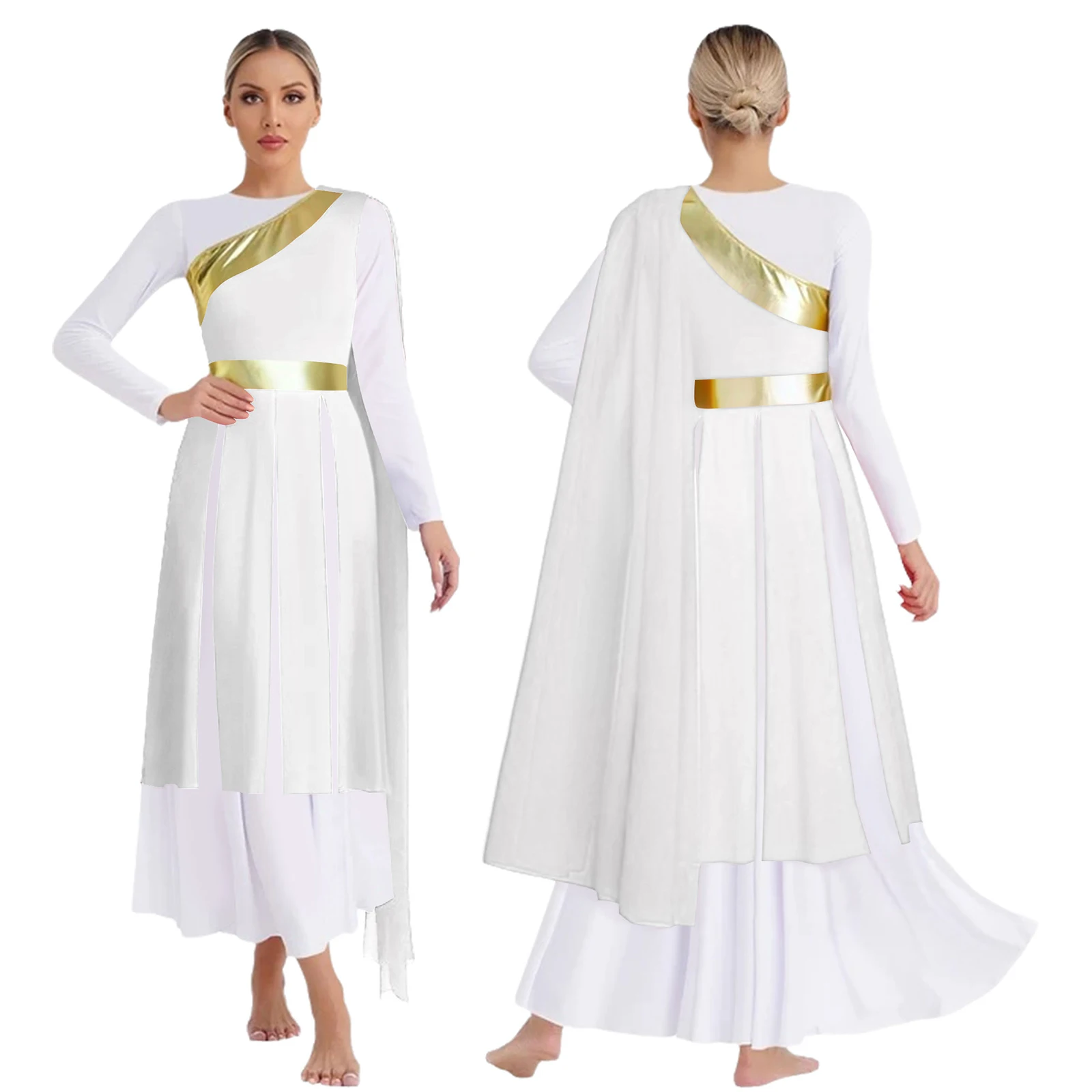 Womens Worship Dance Costume One Shoulder Sleeveless Dress with Drape Metallic Shiny Patchwork And Slit Hem for Lyrical Dance
Womens Worship Dance Costume One Shoulder Sleeveless Dress with Drape Metallic Shiny Patchwork And Slit Hem for Lyrical Dance