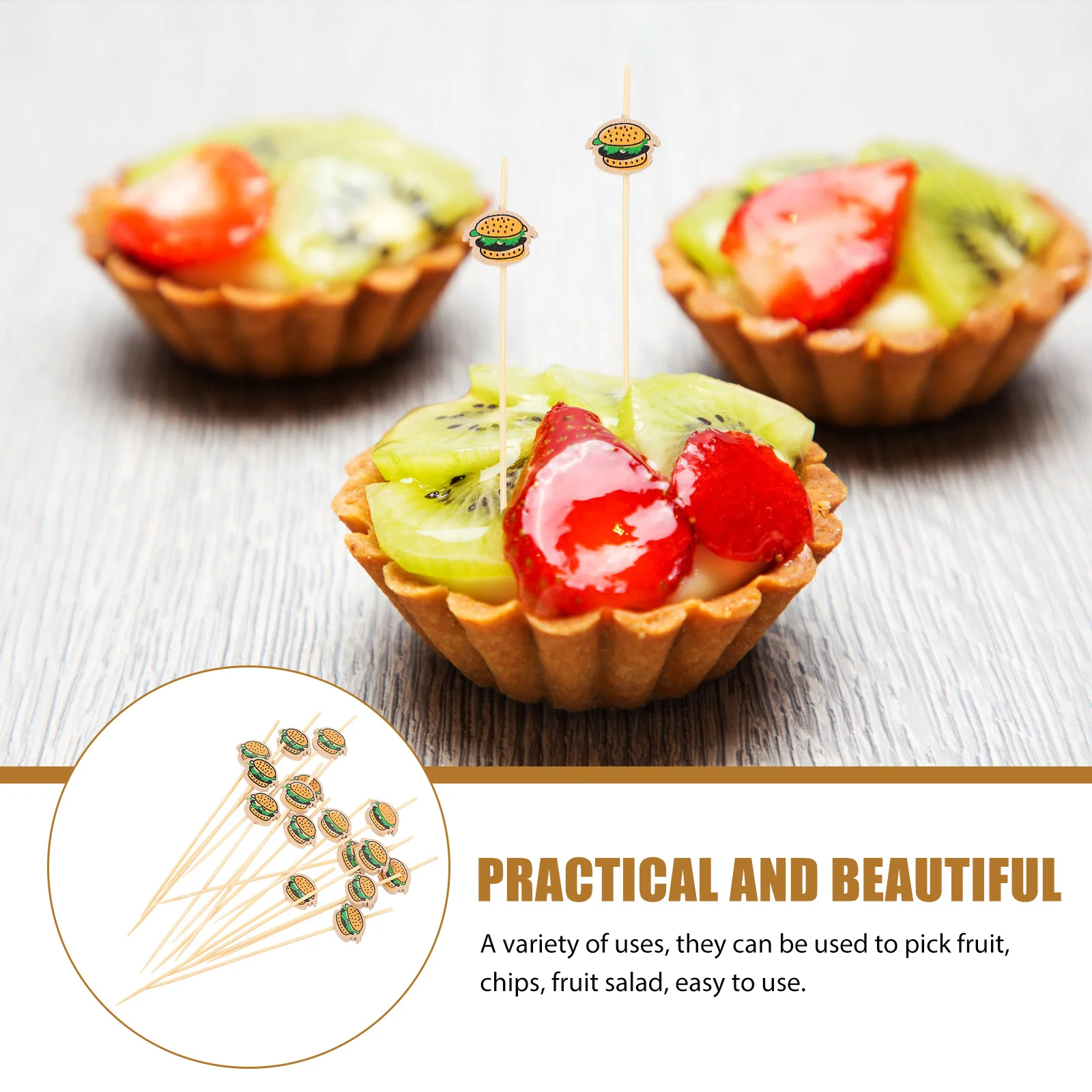 100Pcs Exquisite Burger Picks Fruit Forks Creative Cocktail Decors Cake Topper Decoration Home Party Cocktail Sticks
100Pcs Exquisite Burger Picks Fruit Forks Creative Cocktail Decors Cake Topper Decoration Home Party Cocktail Sticks