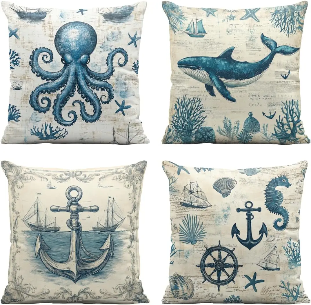 4Pcs Vintage Nautical Throw Pillow Covers with Octopus and Whale Print Cushion Cases for Sofa Living Room Bedroom Home Decor
4Pcs Vintage Nautical Throw Pillow Covers with Octopus and Whale Print Cushion Cases for Sofa Living Room Bedroom Home Decor