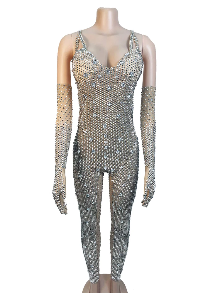 New Sexy Silver Crystals Sparkly Rhinestones Jumpsuit With Gloves For Woman Performance Costume
New Sexy Silver Crystals Sparkly Rhinestones Jumpsuit With Gloves For Woman Performance Costume